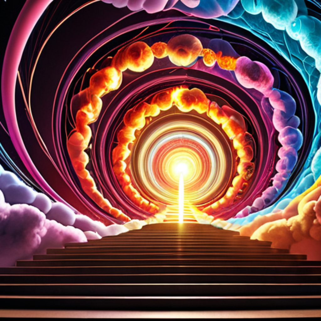 **A vibrant, abstract depiction of electrons orbiting an atom's nucleus, visualized as colorful, swirling clouds rather than fixed paths. Highlight the concept of quantized energy levels like distinct steps on a staircase. Add subtle hints of light absorption and emission.**