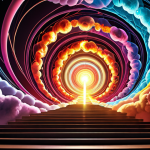 **A vibrant, abstract depiction of electrons orbiting an atom's nucleus, visualized as colorful, swirling clouds rather than fixed paths. Highlight the concept of quantized energy levels like distinct steps on a staircase. Add subtle hints of light absorption and emission.**
