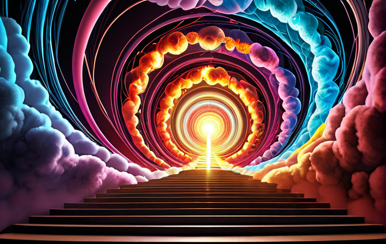 **A vibrant, abstract depiction of electrons orbiting an atom's nucleus, visualized as colorful, swirling clouds rather than fixed paths. Highlight the concept of quantized energy levels like distinct steps on a staircase. Add subtle hints of light absorption and emission.**
