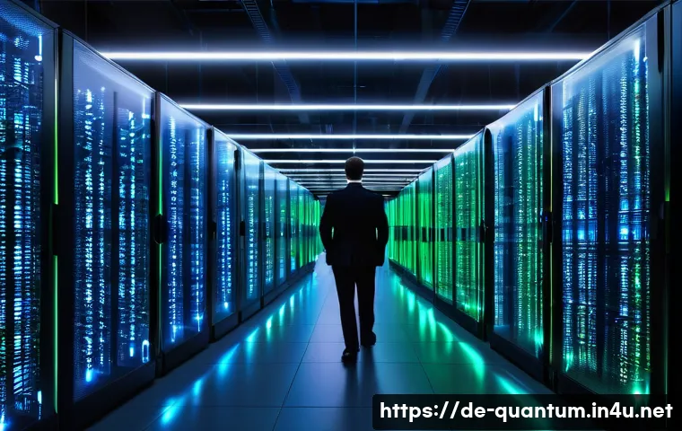 양자암호화의 국가별 법적 규제 - **Prompt:** A subtly ominous, high-tech scene in a modern data center. Rows of sleek, illuminated se...