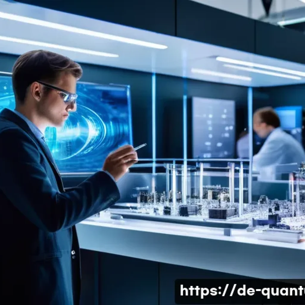 양자컴퓨터의 글로벌 경쟁력 - A futuristic laboratory scene in Germany, showing a diverse team of researchers collaborating around...