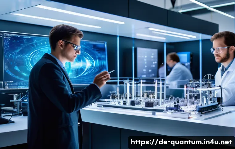 양자컴퓨터의 글로벌 경쟁력 - A futuristic laboratory scene in Germany, showing a diverse team of researchers collaborating around...