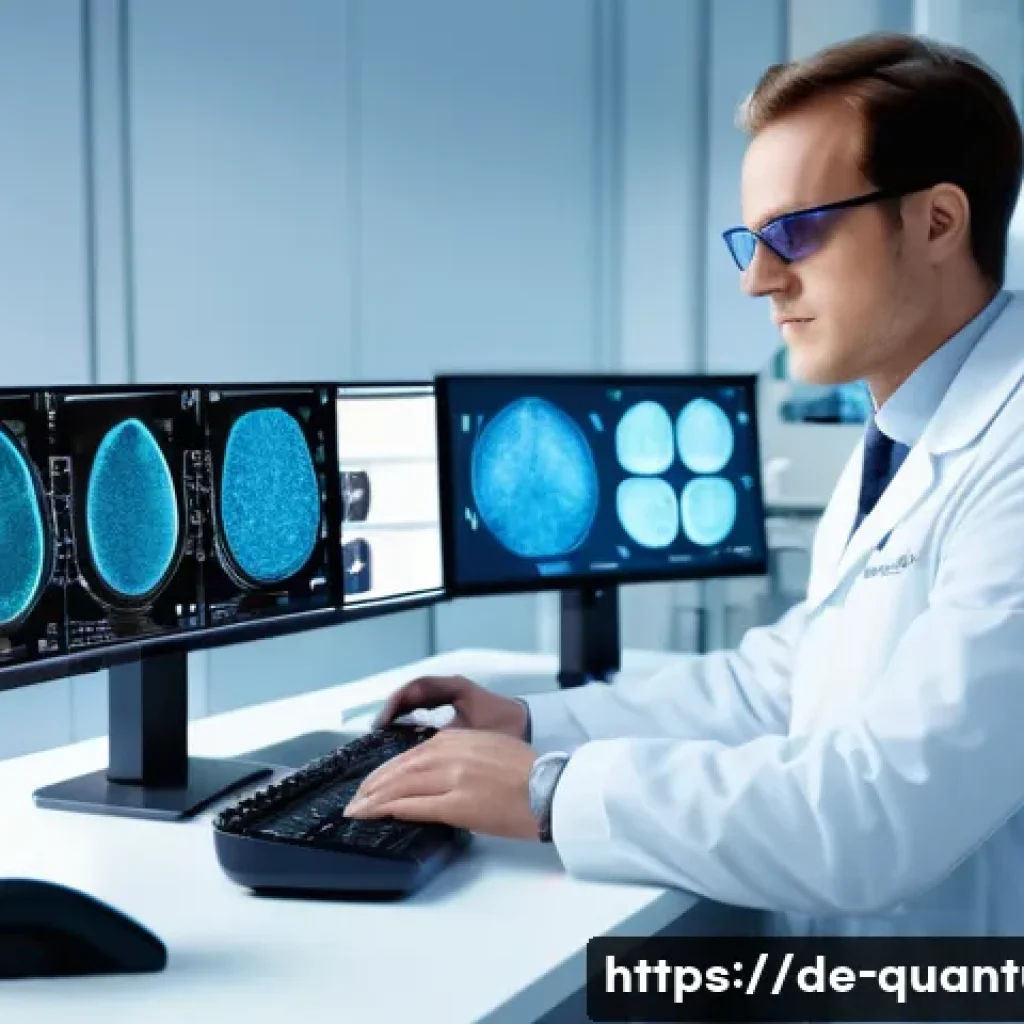 양자센서 기술 - A futuristic medical laboratory scene in Germany, showcasing a scientist wearing white lab coat and ...