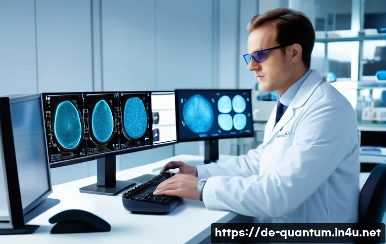 양자센서 기술 - A futuristic medical laboratory scene in Germany, showcasing a scientist wearing white lab coat and ...