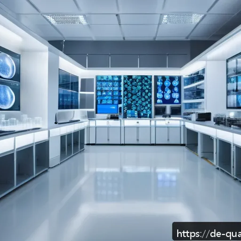 양자컴퓨터의 혁신적 발전 - A futuristic German medical laboratory scene featuring scientists in modern white lab coats working ...
