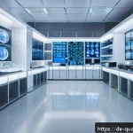 양자컴퓨터의 혁신적 발전 - A futuristic German medical laboratory scene featuring scientists in modern white lab coats working ...