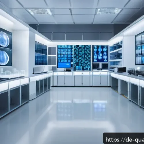 양자컴퓨터의 혁신적 발전 - A futuristic German medical laboratory scene featuring scientists in modern white lab coats working ...
