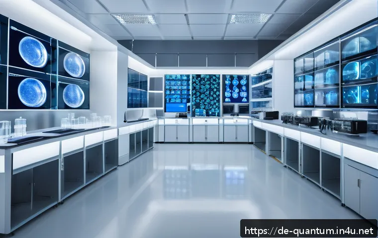 양자컴퓨터의 혁신적 발전 - A futuristic German medical laboratory scene featuring scientists in modern white lab coats working ...