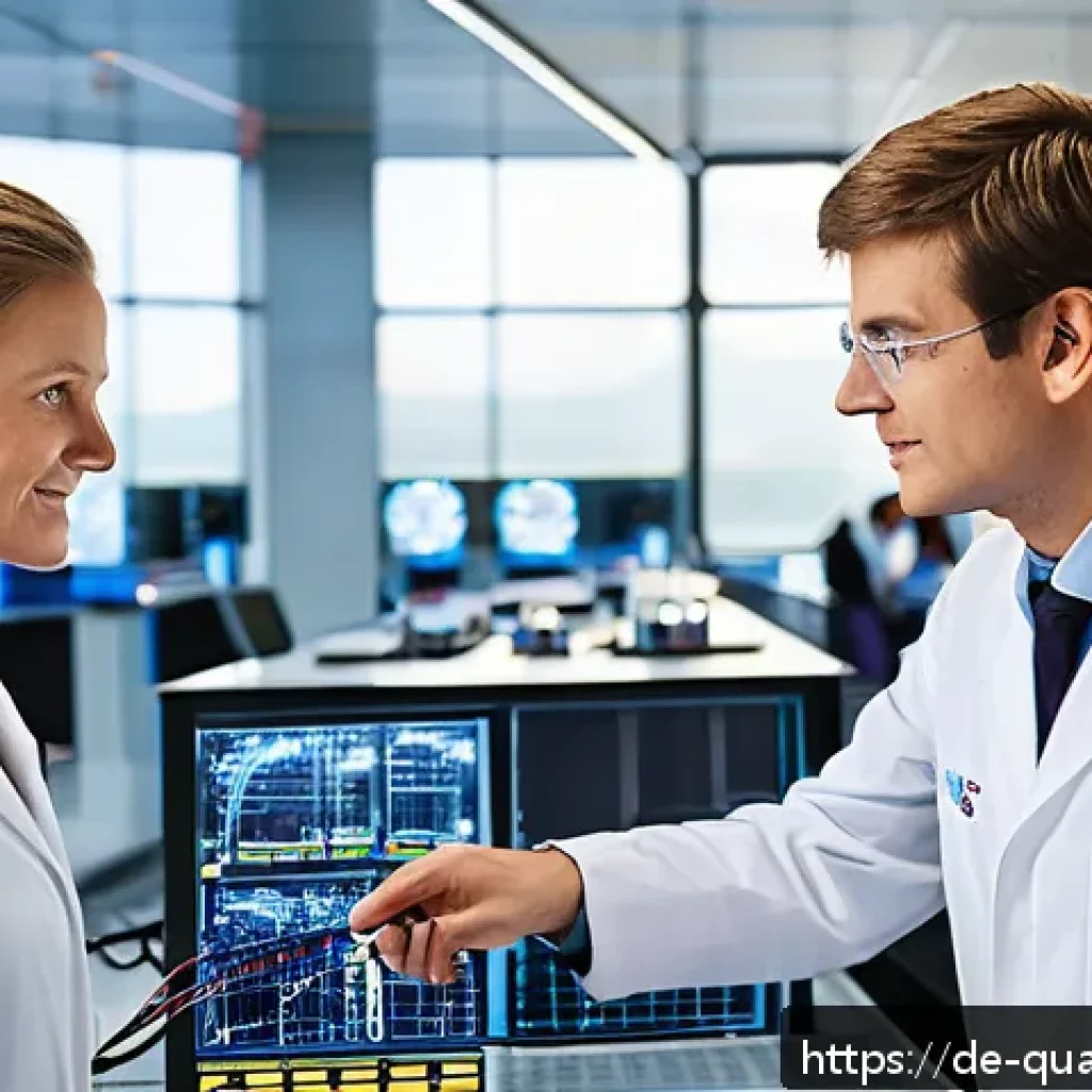 양자통신의 국제 협력 - A modern, high-tech quantum communication laboratory in Germany, featuring diverse international sci...