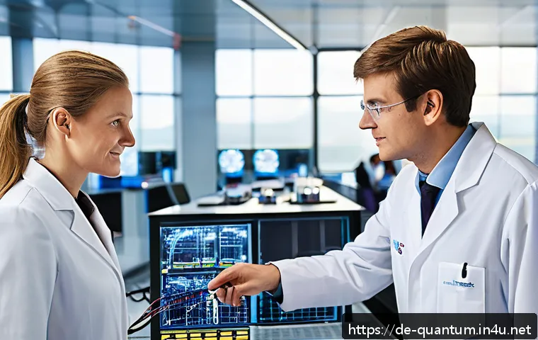 양자통신의 국제 협력 - A modern, high-tech quantum communication laboratory in Germany, featuring diverse international sci...