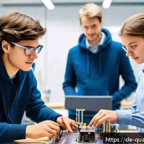 양자컴퓨터의 교육 및 인력 양성 - A modern German university quantum computing lab with diverse students and instructors collaborative...