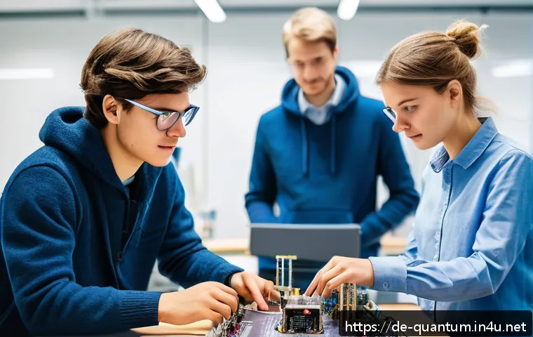 양자컴퓨터의 교육 및 인력 양성 - A modern German university quantum computing lab with diverse students and instructors collaborative...
