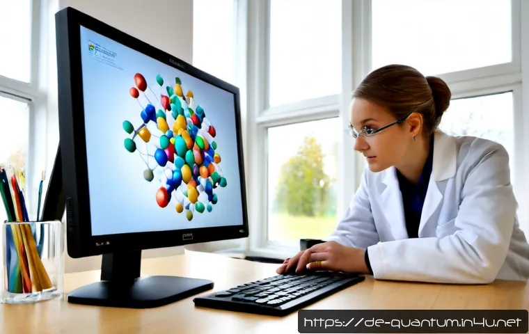 양자화학 계산 - Photorealistic quantum chemistry research workspace in a modern German university laboratory, focuse...