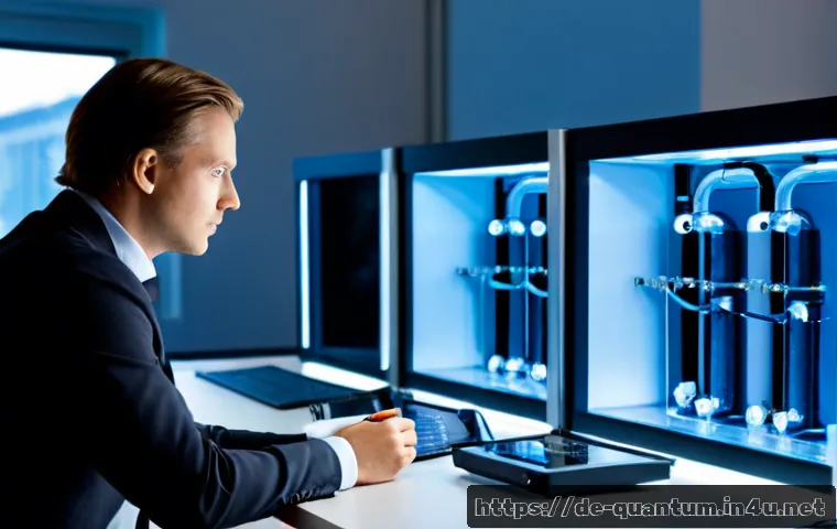 Home 30 양자컴퓨터와 사회적 변화 - Photorealistic modern German research laboratory, a quantum computing specialist in modest professio...