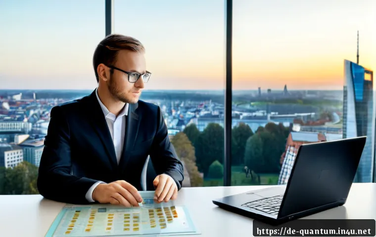 Home 17 양자컴퓨팅의 금융 분야 응용 - Photorealistic modern Frankfurt financial office, a German financial analyst in smart business attir...