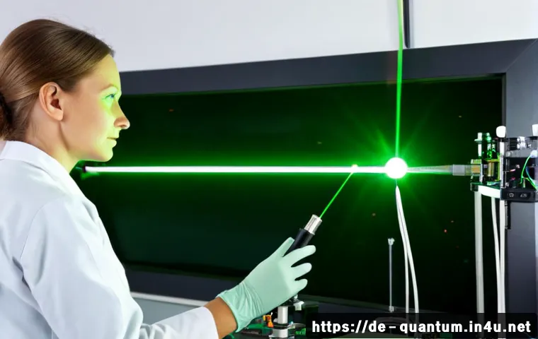 양자광학의 실험적 연구 - Photorealistic quantum optics laboratory in a modern German research institute, a focused female phy...