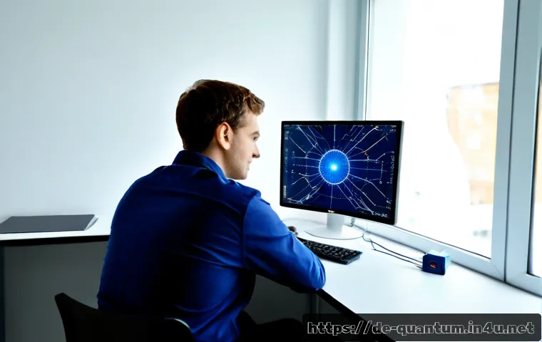 양자컴퓨터 프로그래밍 언어 - Photorealistic quantum software developer in a modern Berlin research laboratory, seated at a clean ...