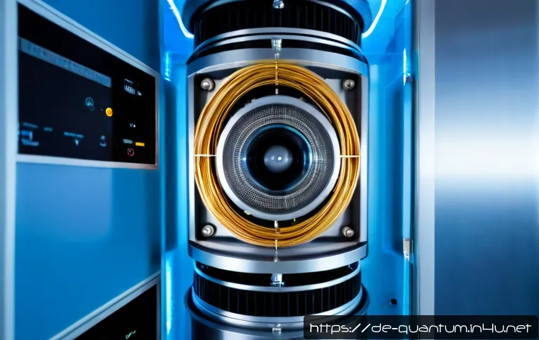 양자컴퓨터 큐비트 - Photorealistic close-up of a superconducting quantum computer processor inside a pristine cryogenic ...